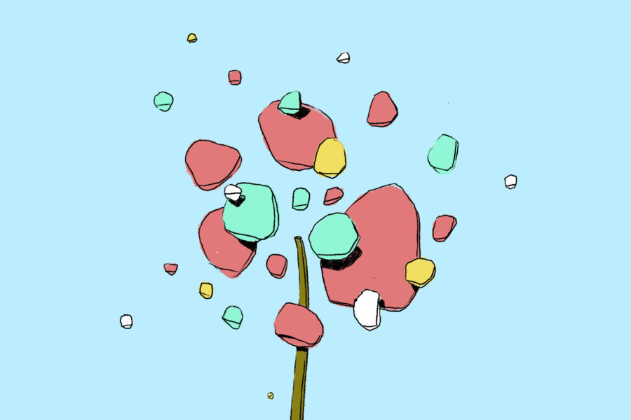 Detalle de Primavera: formas rosas, verdes, amarillas y blancas en lo alto del tallo, contra el cielo azul