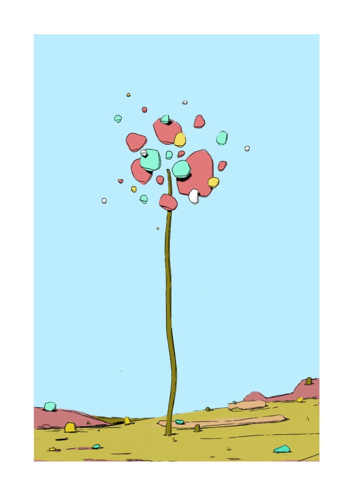 Primavera, ilustración de SONEK para Obnoxia: un tallo muy alto sobre una llanura ocre, rematado por formas rosas, verdes, amarillas y blancas contra el cielo azul
