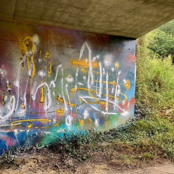 Mural de trazos libres bajo un puente, entre vegetación. Disfrute y Tropiezo, Asturias 2022