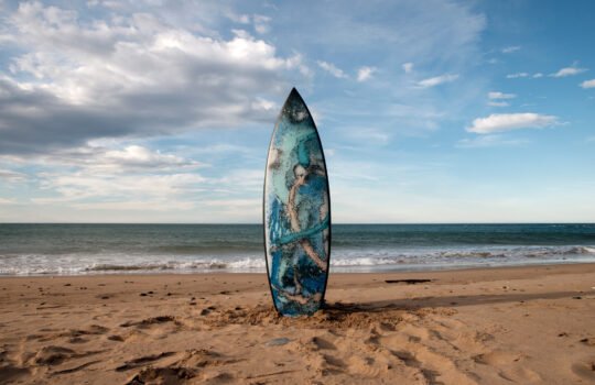 Tabla de surf pintada, clavada de pie en la arena de una playa, de la serie Sonek Lab