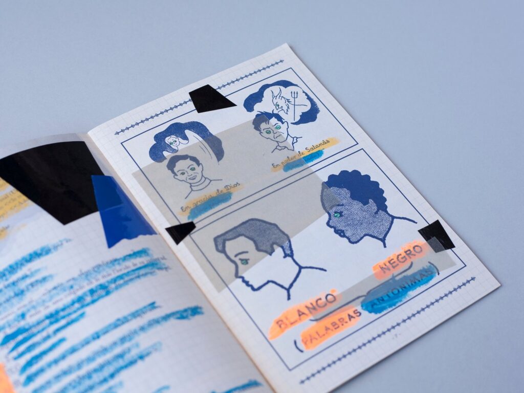 Página de El Florido Pensil sobre las palabras antónimas blanco y negro, con dibujos de caras, recortes y trazos azules