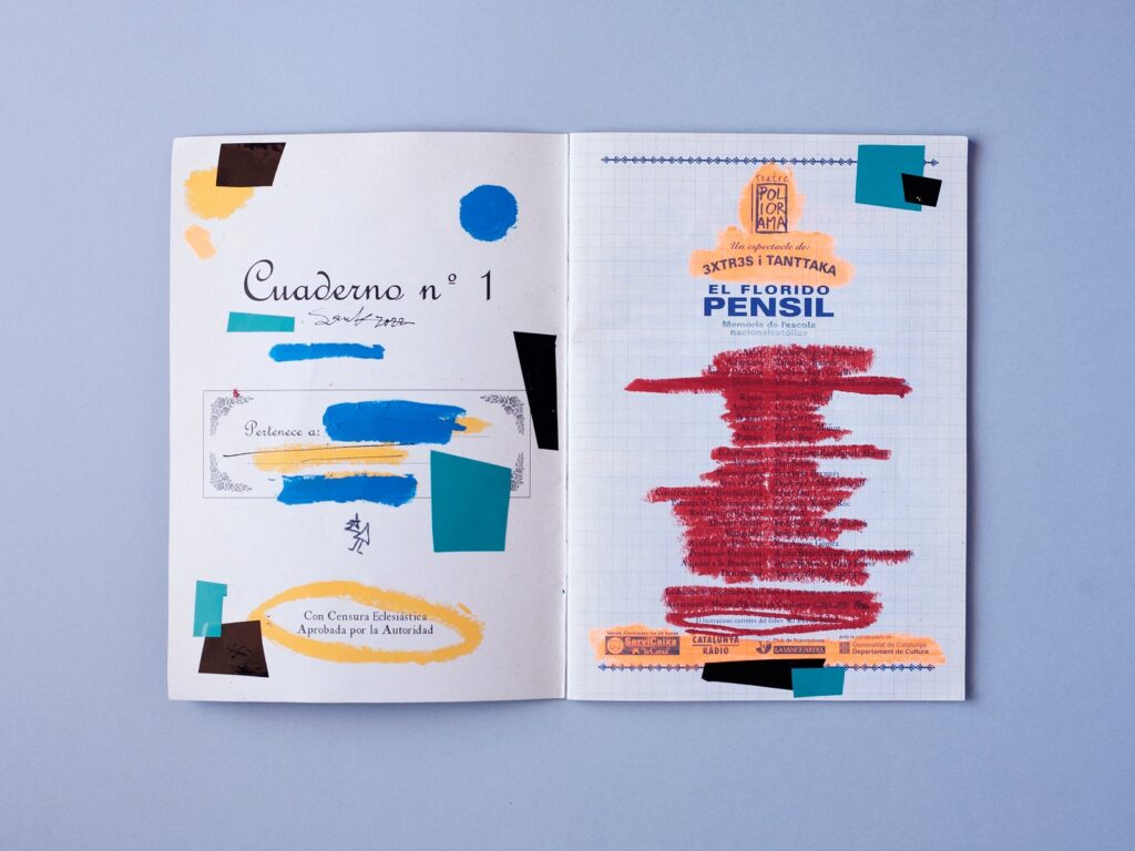 Primera doble página de El Florido Pensil, Cuaderno n.º 1, con los créditos de la obra tachados en rojo y recortes de colores