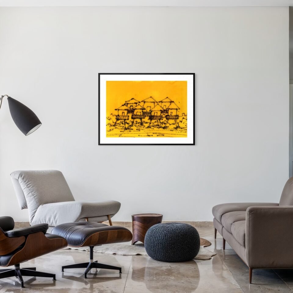 Mockup: Reunión de hórreos enmarcada en negro en un salón minimalista con butaca de diseño y sofá gris