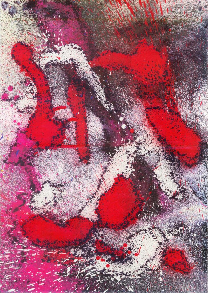 Hoja de Loreak intervenida a spray en rojo, blanco y negro