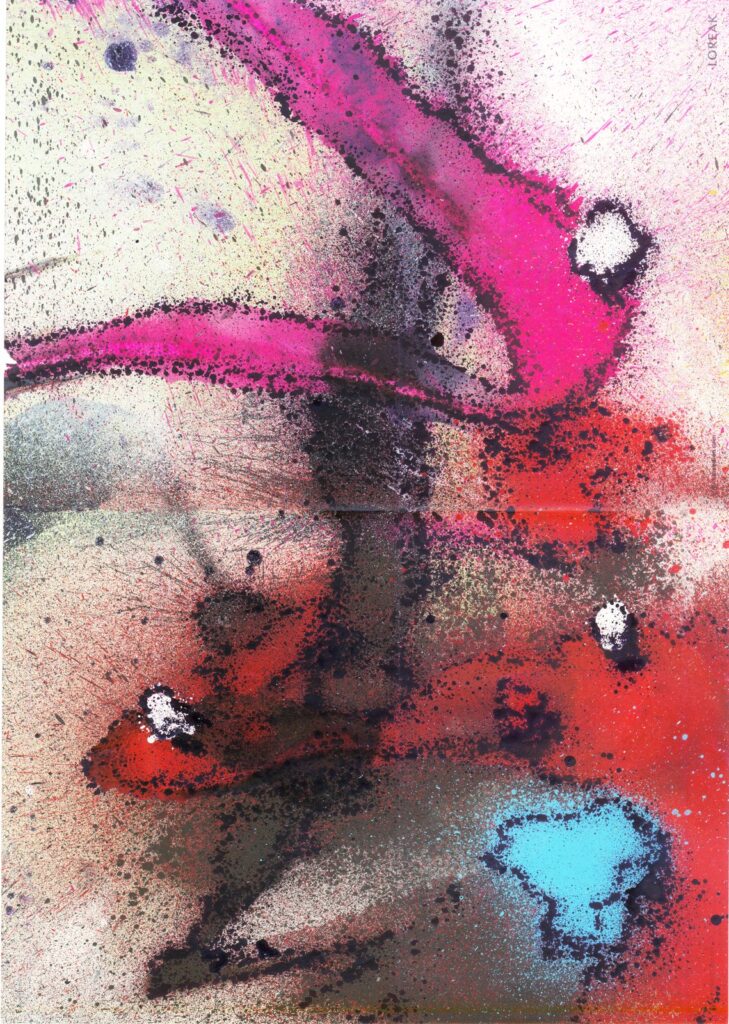 Hoja de Loreak intervenida a spray en rosa, rojo y negro, con una mancha azul clara