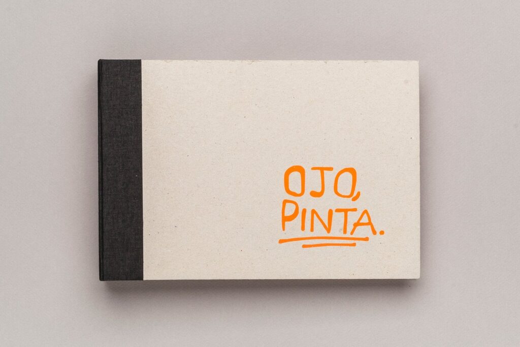 Cubierta de Ojo, Pinta!: cartón gris con lomo de tela negra y el título escrito a mano en naranja
