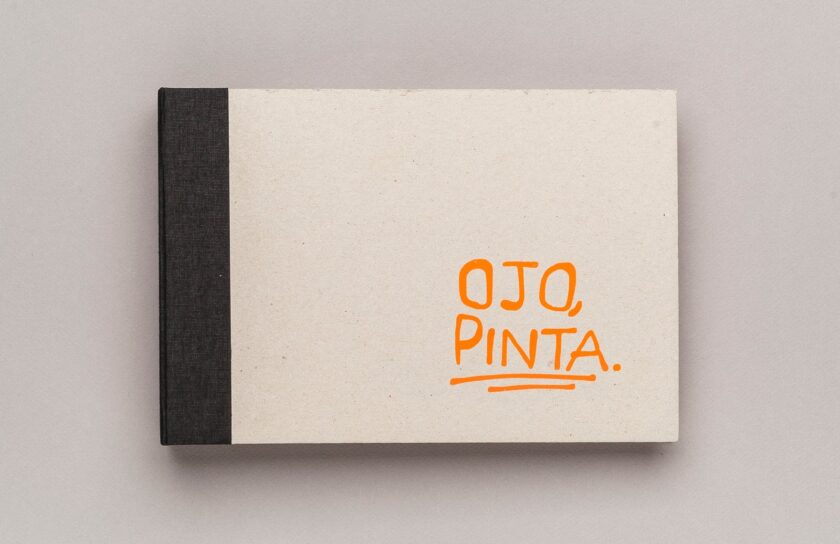 Cubierta de Ojo, Pinta!: cartón gris con lomo de tela negra y el título escrito a mano en naranja