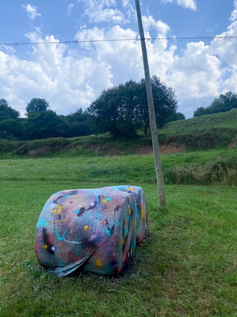 Las dos bolas de silo pintadas sobre la hierba, bajo un cielo azul con nubes y un poste de luz.