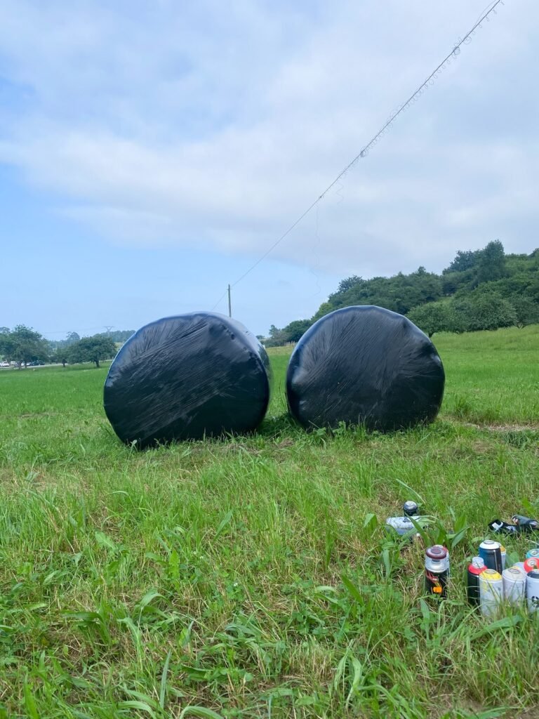 Dos bolas de silo envueltas en plástico negro sobre la hierba, con botes de spray en el suelo, antes de empezar a pintar.