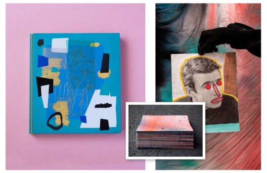 Collage de tres publicaciones de SONEK: la cubierta intervenida de El Mundo del Hogar, una fotonovela intervenida de Derrape #1 y la pila del fanzine Pum con los cantos pintados a spray