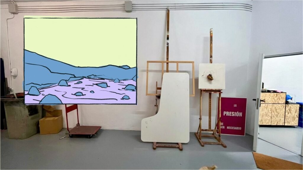 Boceto de la segunda propuesta para la pared: montañas azules, suelo lila y cielo verde claro, dibujado sobre una foto de la nave.
