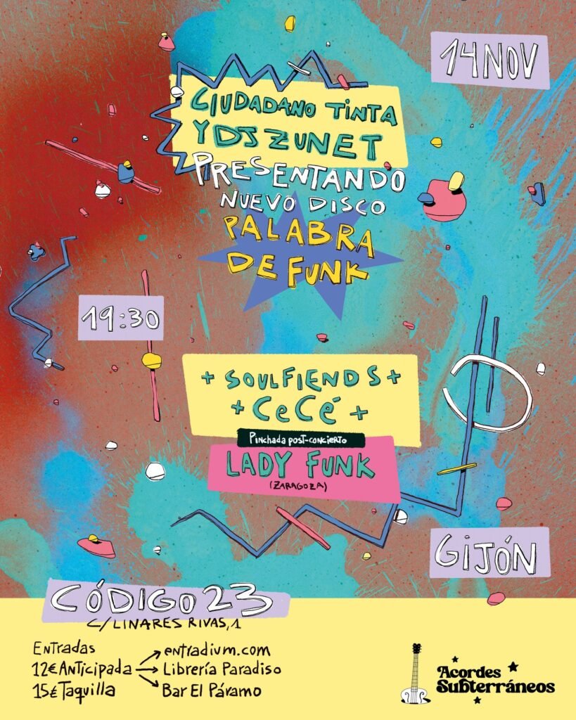 Cartel del concierto de presentacion de Palabra de Funk en Gijon, con la grafica del disco