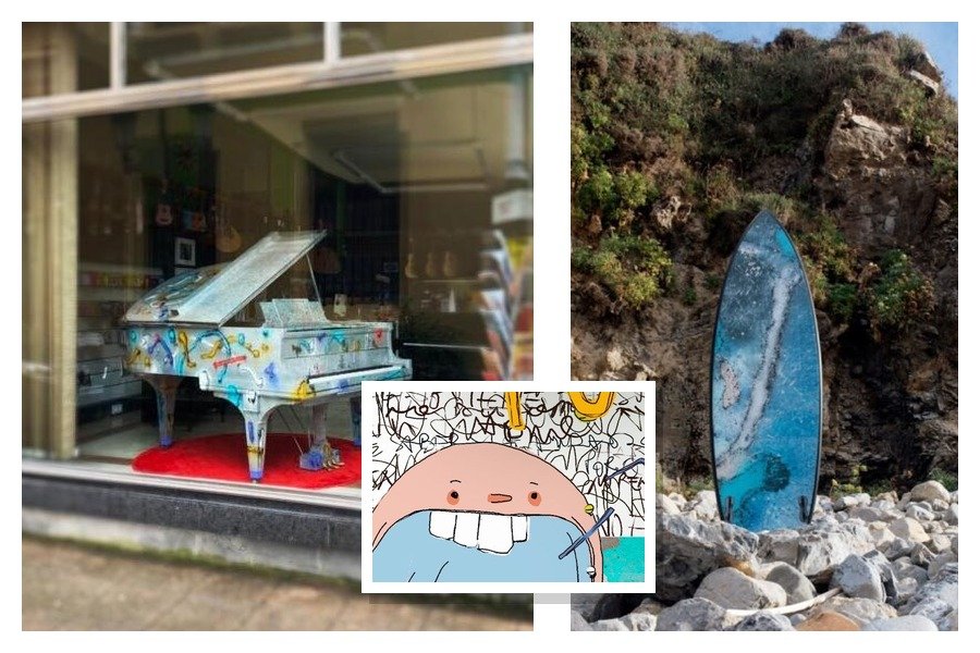 Collage de la serie Sonek Lab: piano de cola pintado, tabla de surf y cartel de Palabra de Funk