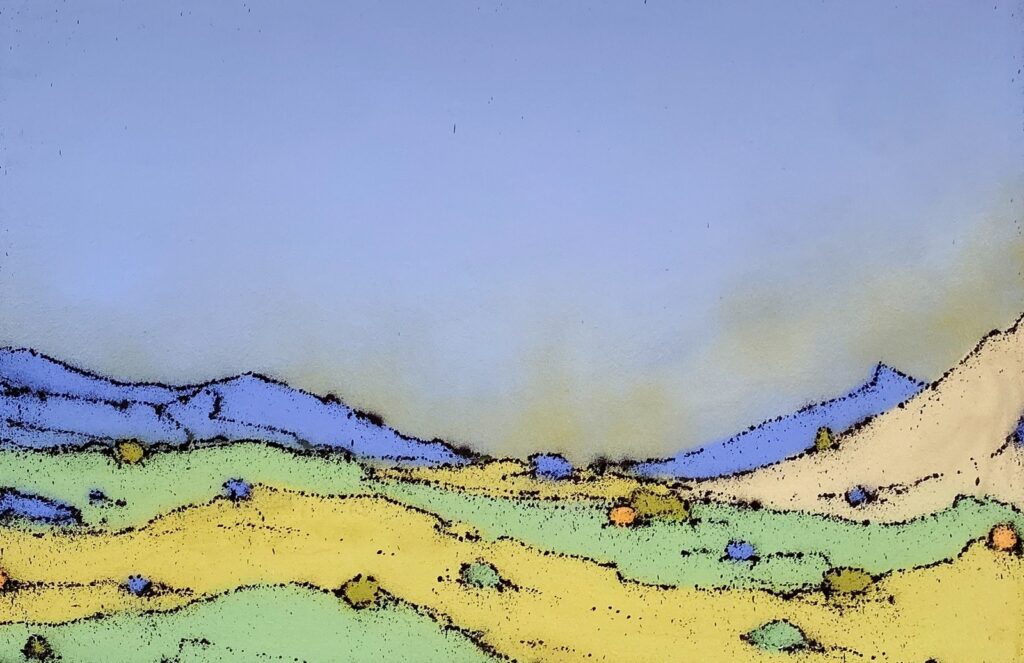 Mural El llano de Espina: prados verdes y amarillos y colinas azules bajo un cielo azul que se aclara hacia abajo.