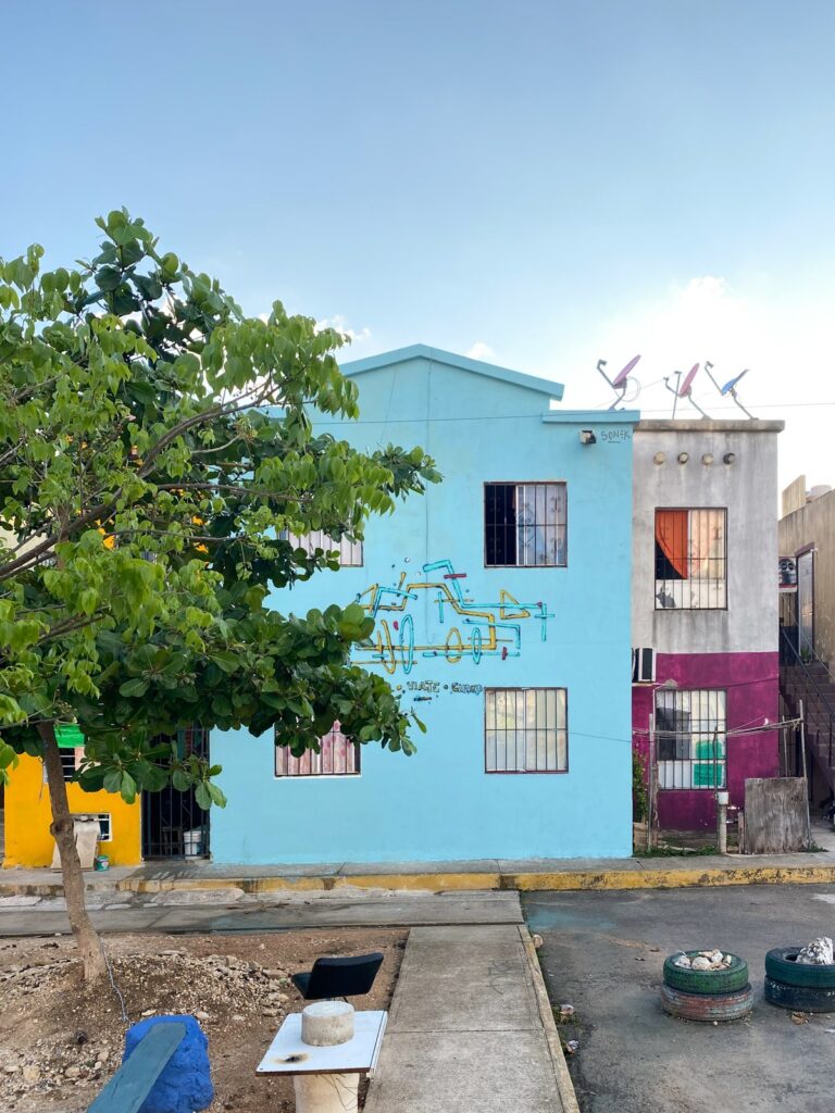 La casa azul con el mural terminado, vista desde la calle con un árbol delante y las casas vecinas.