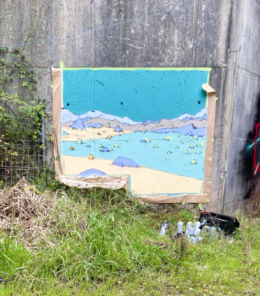 El paisaje de Entrepraos con las montañas y las rocas ya pintadas, a falta de remates.