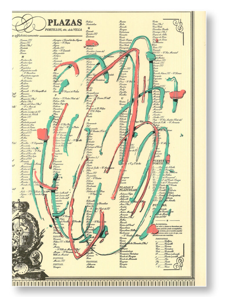 Serigrafía Explosión impresa sobre un trozo de una vista de Madrid de 1830: 04 · Índice de plazas