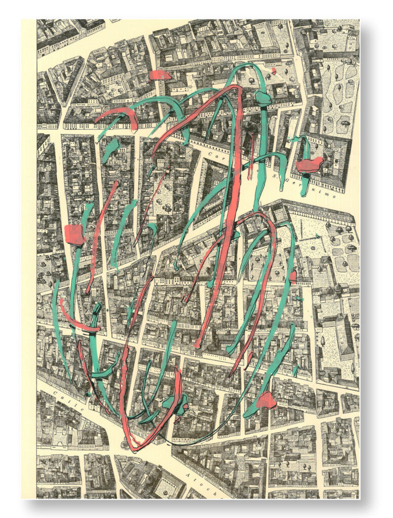 Serigrafía Explosión impresa sobre un trozo de una vista de Madrid de 1830: 13 · Callejuelas