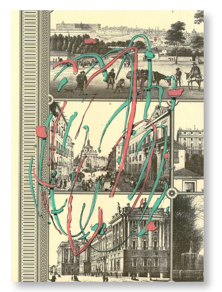 Serigrafía Explosión impresa sobre un trozo de una vista de Madrid de 1830: 19 · Calle y palacio
