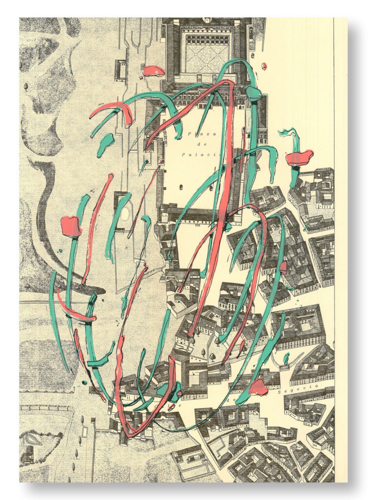 Serigrafía Explosión impresa sobre un trozo de una vista de Madrid de 1830: 20 · Plaza de Palacio