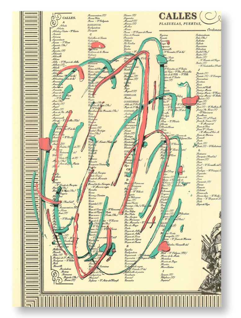 Serigrafía Explosión impresa sobre un trozo de una vista de Madrid de 1830: 22 · Índice de calles