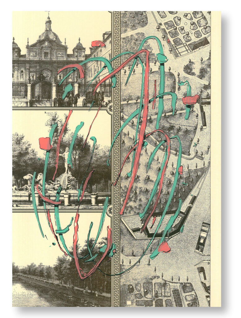 Serigrafía Explosión impresa sobre un trozo de una vista de Madrid de 1830: 24 · Fuente de Neptuno