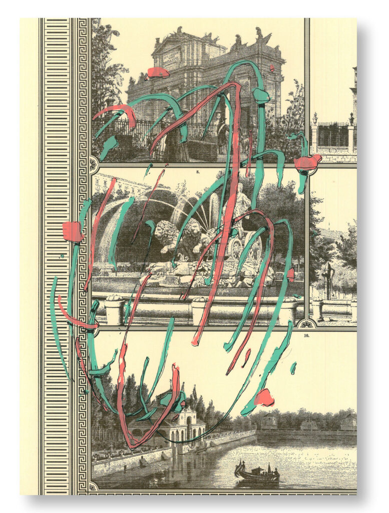 Serigrafía Explosión impresa sobre un trozo de una vista de Madrid de 1830: 26 · Alcalá y Cibeles