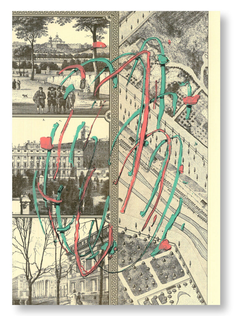 Serigrafía Explosión impresa sobre un trozo de una vista de Madrid de 1830: 31 · Paseo y palacios