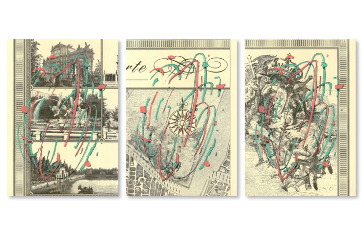 Tres hojas de la vista de Madrid de 1830 con la Explosión impresa encima: Alcalá y Cibeles, la rosa de los vientos y la alegoría
