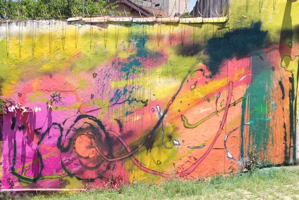 La pared terminada, con manchas rosas, amarillas y naranjas y una espiral oscura en el centro, entre la vegetación de arriba y la hierba de abajo.